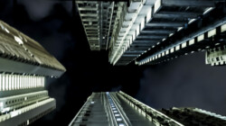 Highrises, or spaceships in a convoy? Think Battlestar Galactica.